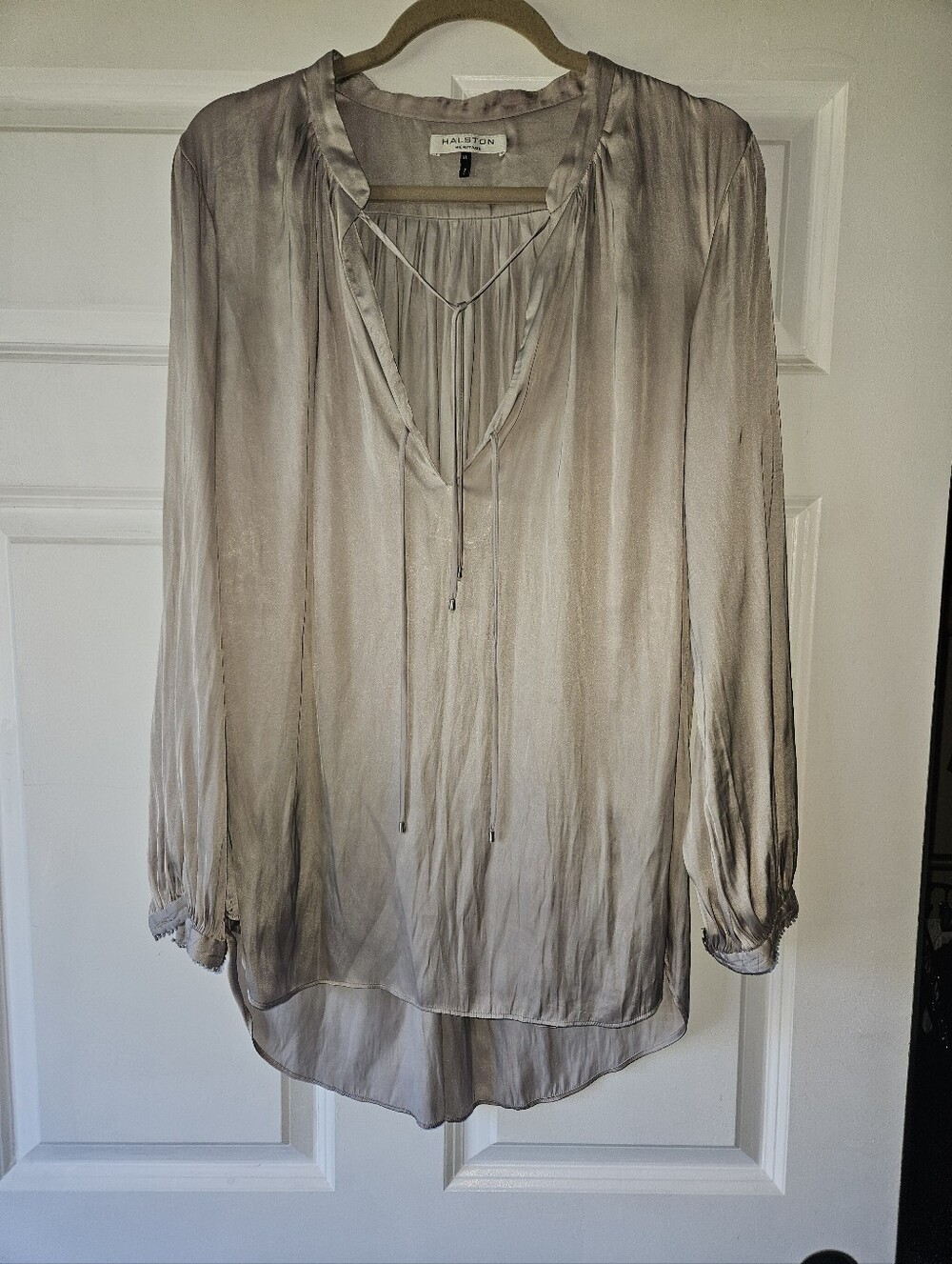 Halston Heritage Taupe Beige V-Neck Tie Peasant Blouse